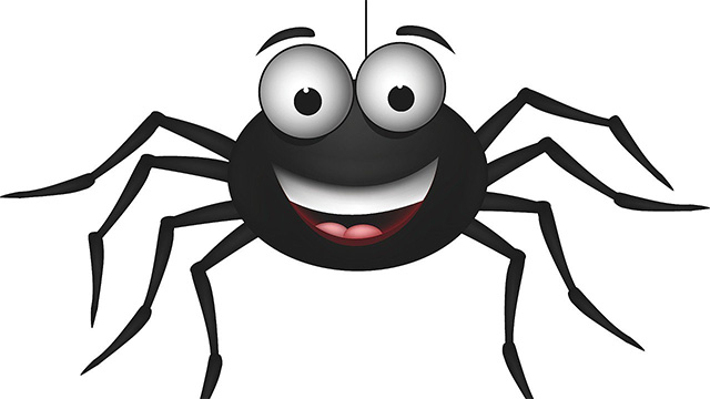 Picture of a cute pencil drawn spider with big eyes and smiling face.